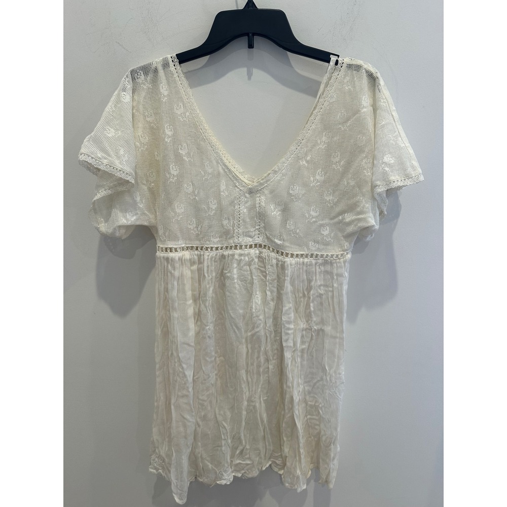 Free People Ivory Floral Lace Gauze Babydoll Top V-Neck Boho Flutter Sleeve S